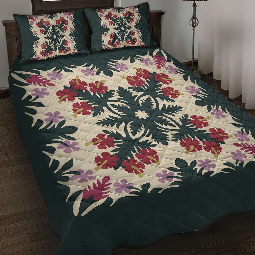 Hawaii Quilt – Quilt Bed Set – Ginger Hibiscus Plumeria Quilting Premium Quilt LT05 Green - Polynesian Pride