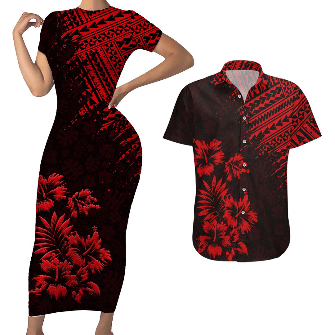 Hawaii Summer Couples Matching Outfits Combo Bodycon Dress And Hawaii Shirt  Mix Polynesian Black-Red - Polynesian Pride