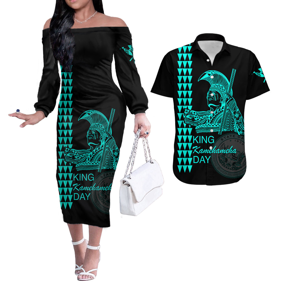 Hawaii Couples Matching Outfits Combo Long Sleeve Dress Kamehameha Day - Green LT6 Green - Polynesian Pride
