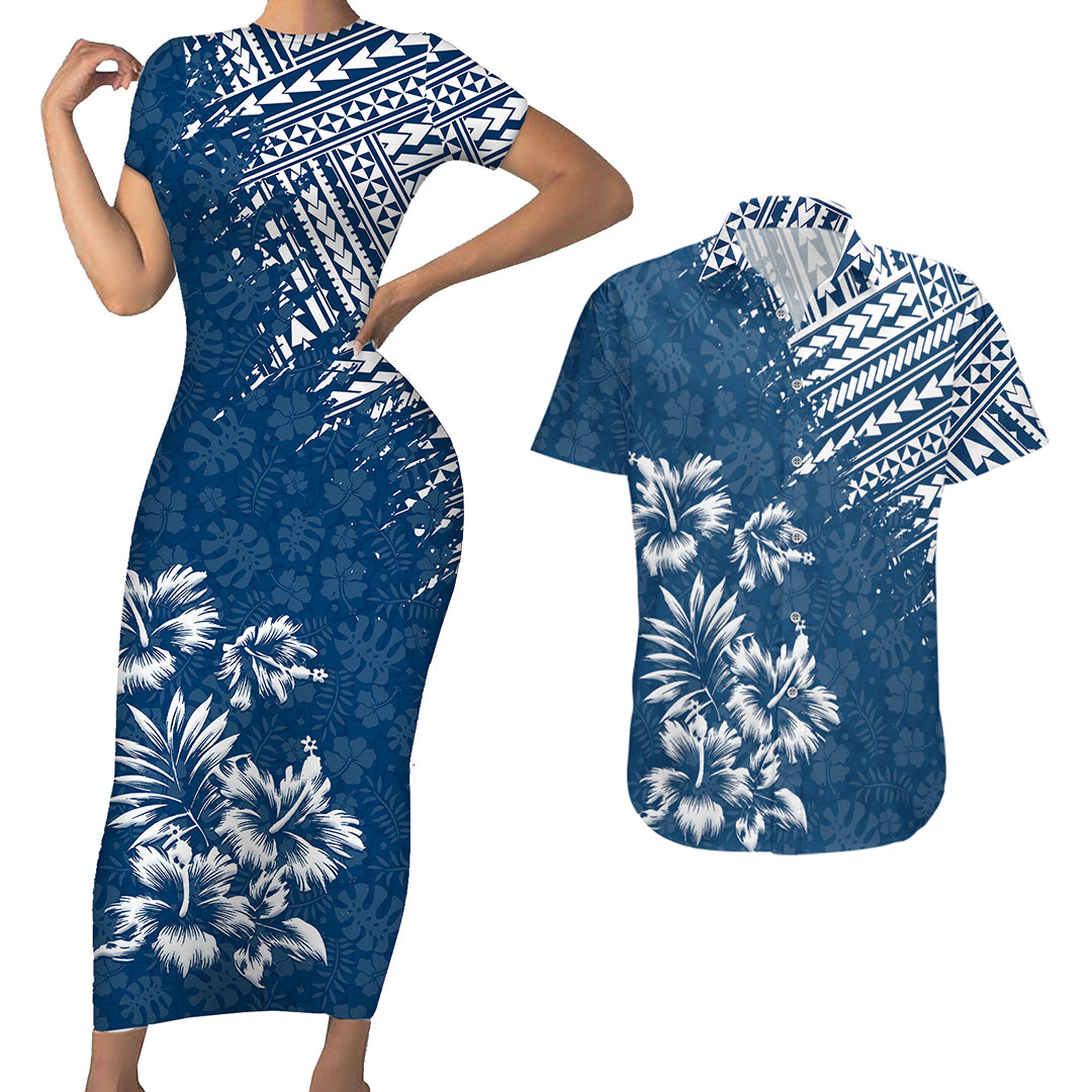 Hawaii Summer Couples Matching Outfits Combo Bodycon Dress And Hawaii Shirt Mix Polynesian Dark Blue LT6 - Polynesian Pride