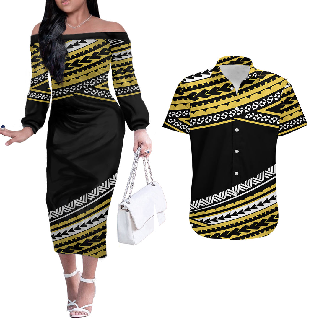 Polynesian Couples Matching Outfits Combo Long Sleeve Dress Simple Gold No.2 LT6 Gold - Polynesian Pride