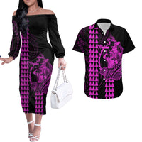 Polynesian Couples Matching Outfits Long Sleeve Dress And Long Sleeve Button Shirt Hawaiian Warrior and Aloha Girl With Hammerhead Shark Tattoos Purple LT6 Purple - Polynesian Pride