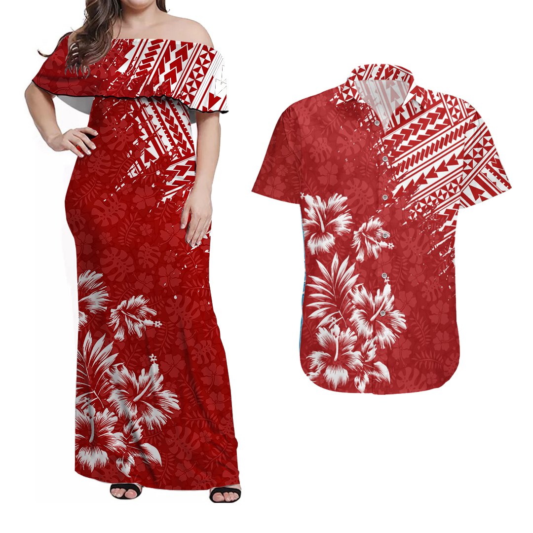 Hawaii Summer Matching Outfits For Couples Combo Dress And Shirt Mix  Polynesian Red