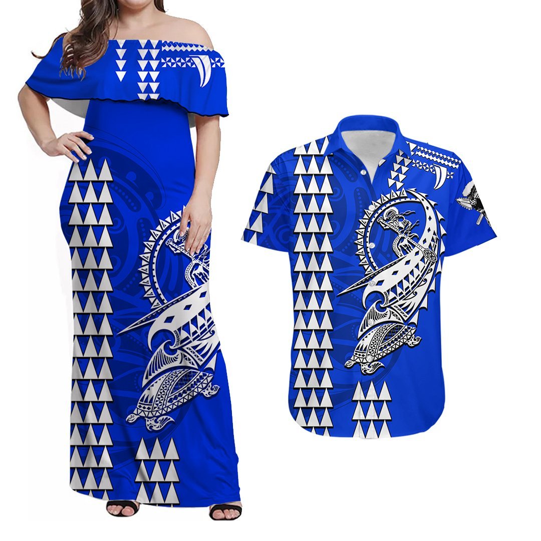 Polynesian Couple Outfits Hawaii Kakau Matching Dress and Hawaiian Shirt Polynesian Warrior LT6 Blue - Polynesian Pride