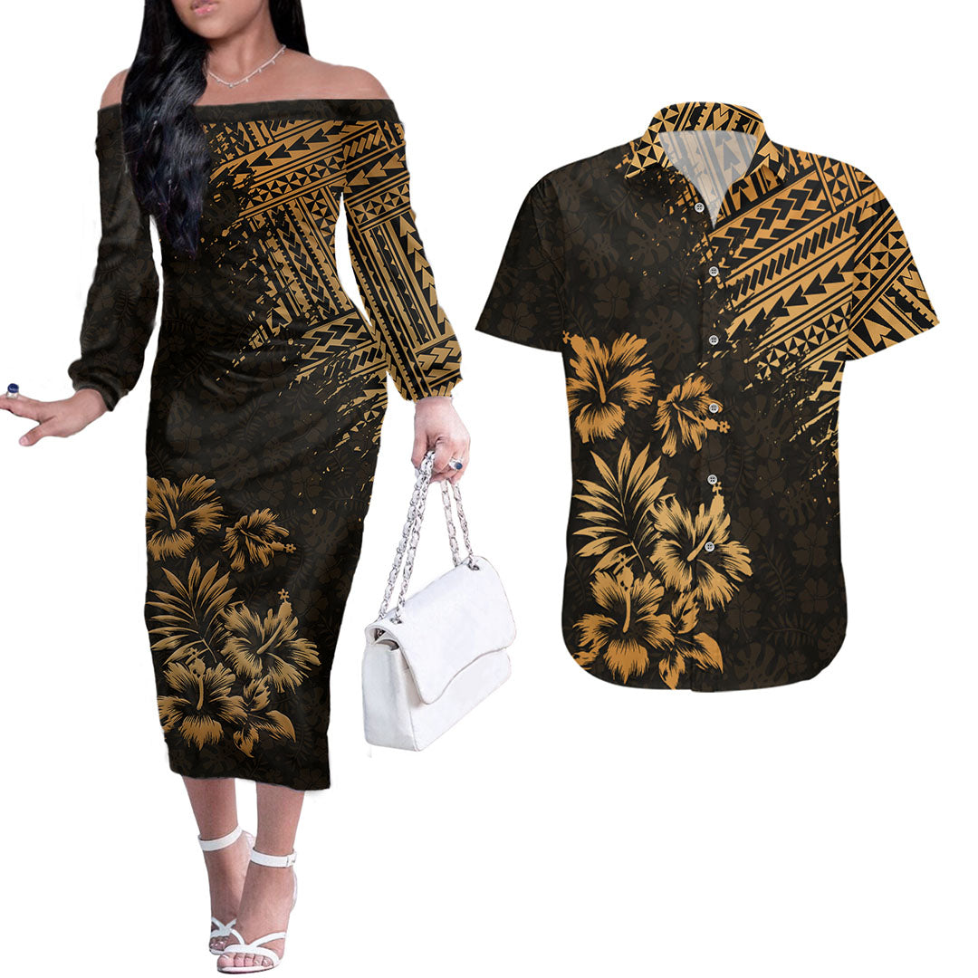 Hawaii Summer Couples Matching Outfits Combo Long Sleeve Dress Mix Polynesian Gold LT6 Gold - Polynesian Pride