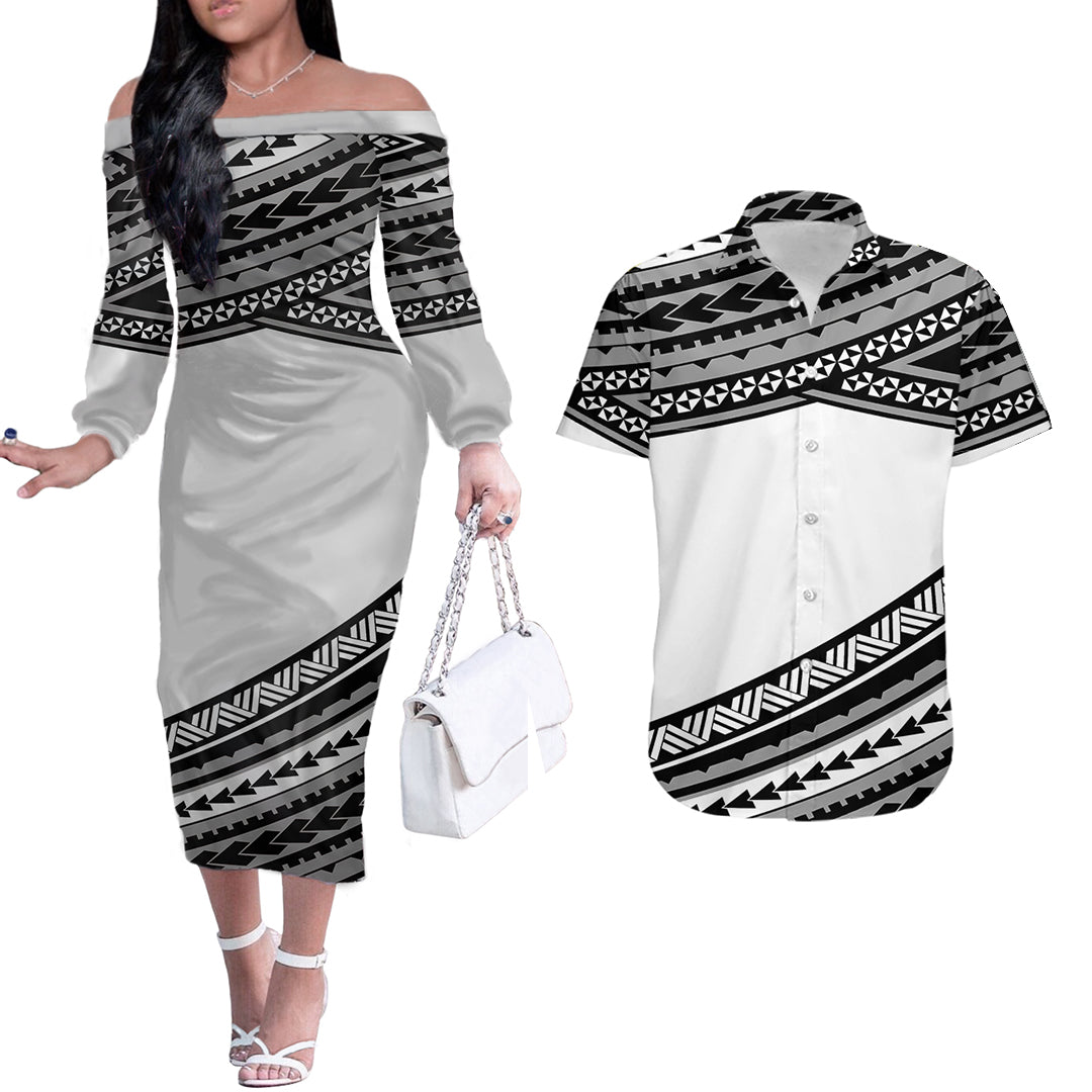 Polynesian Couples Matching Outfits Combo Long Sleeve Dress Simple White LT6 White - Polynesian Pride