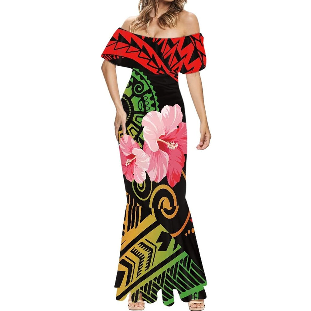 Tribal Polynesian Bodycon Mermaid Dress Hibiscus Flower Women Red - Polynesian Pride