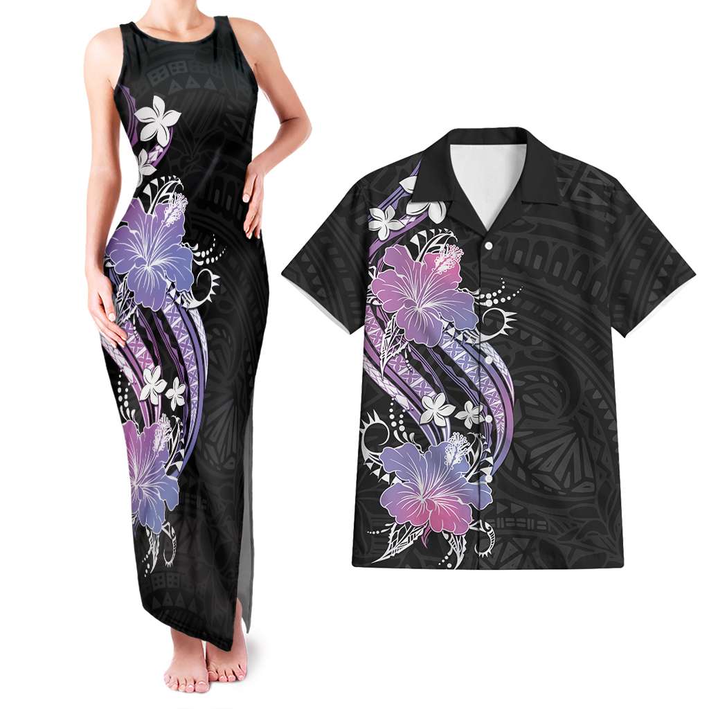 Black Galaxy Polynesian Pattern With Tropical Flowers Couples Matching Tank Maxi Dress and Hawaiian Shirt LT05