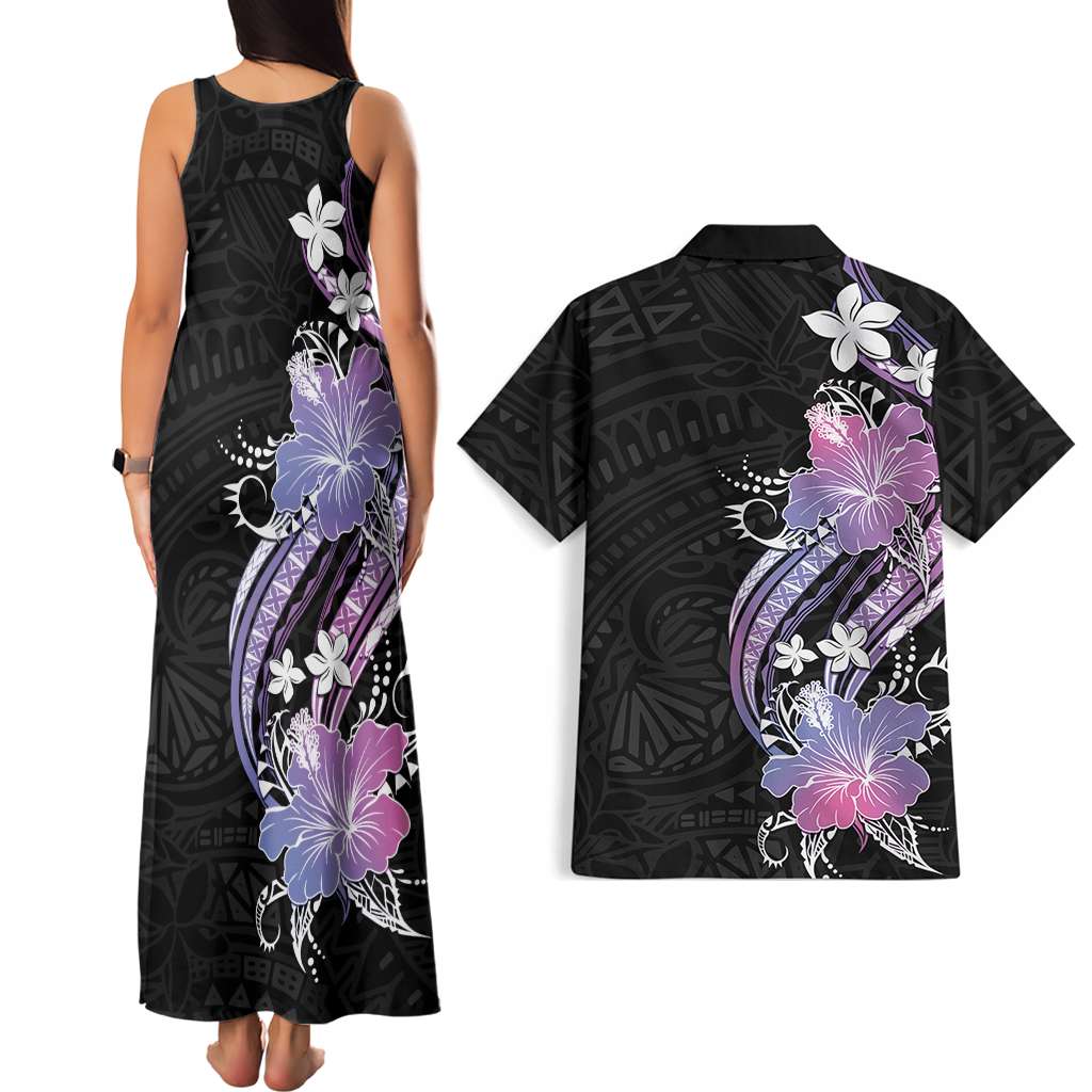 Black Galaxy Polynesian Pattern With Tropical Flowers Couples Matching Tank Maxi Dress and Hawaiian Shirt LT05