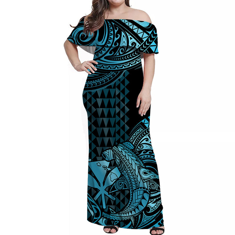 Hawaii Hammerhead Shark Off Shoulder Long Dress Polynesian Kakau With Kanaka Turquoise LT14 Women Turquoise - Polynesian Pride