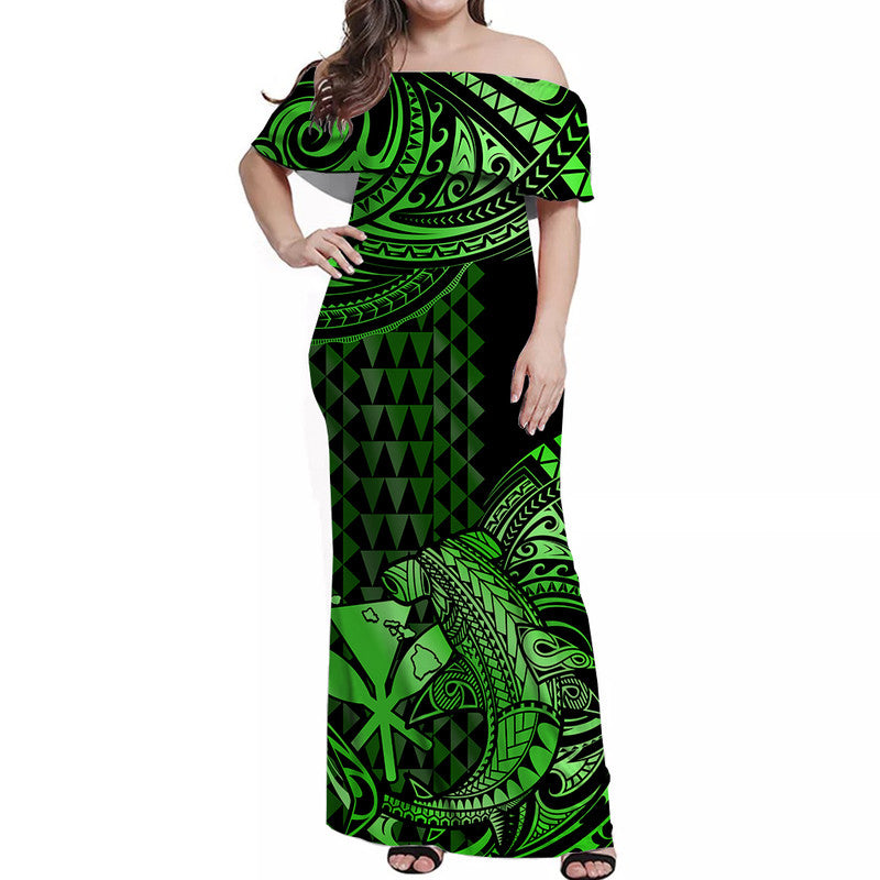 Hawaii Hammerhead Shark Off Shoulder Long Dress Polynesian Kakau With Kanaka Green LT14 Women Green - Polynesian Pride