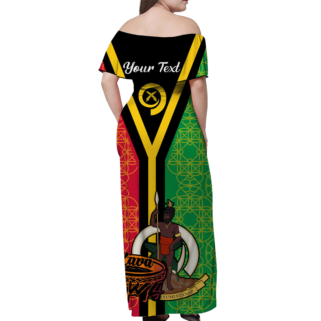 Personalised Vanuatu Off Shoulder Long Dress Kava Bowl Mix Sand Drawing Flag LT14 - Polynesian Pride