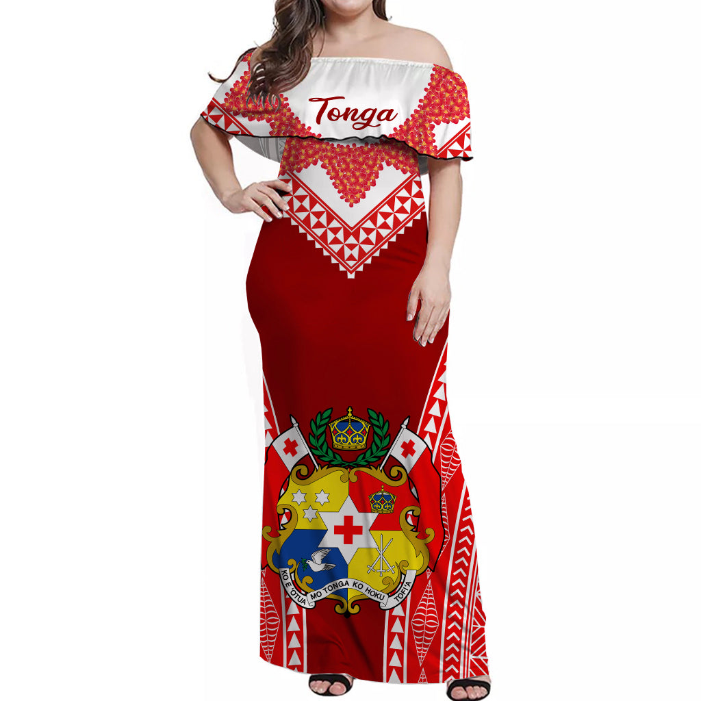 Personalised Tonga Heilala Flowers Off Shoulder Long Dress Tongan Ngatu White Special Verison LT14 Women Red - Polynesian Pride