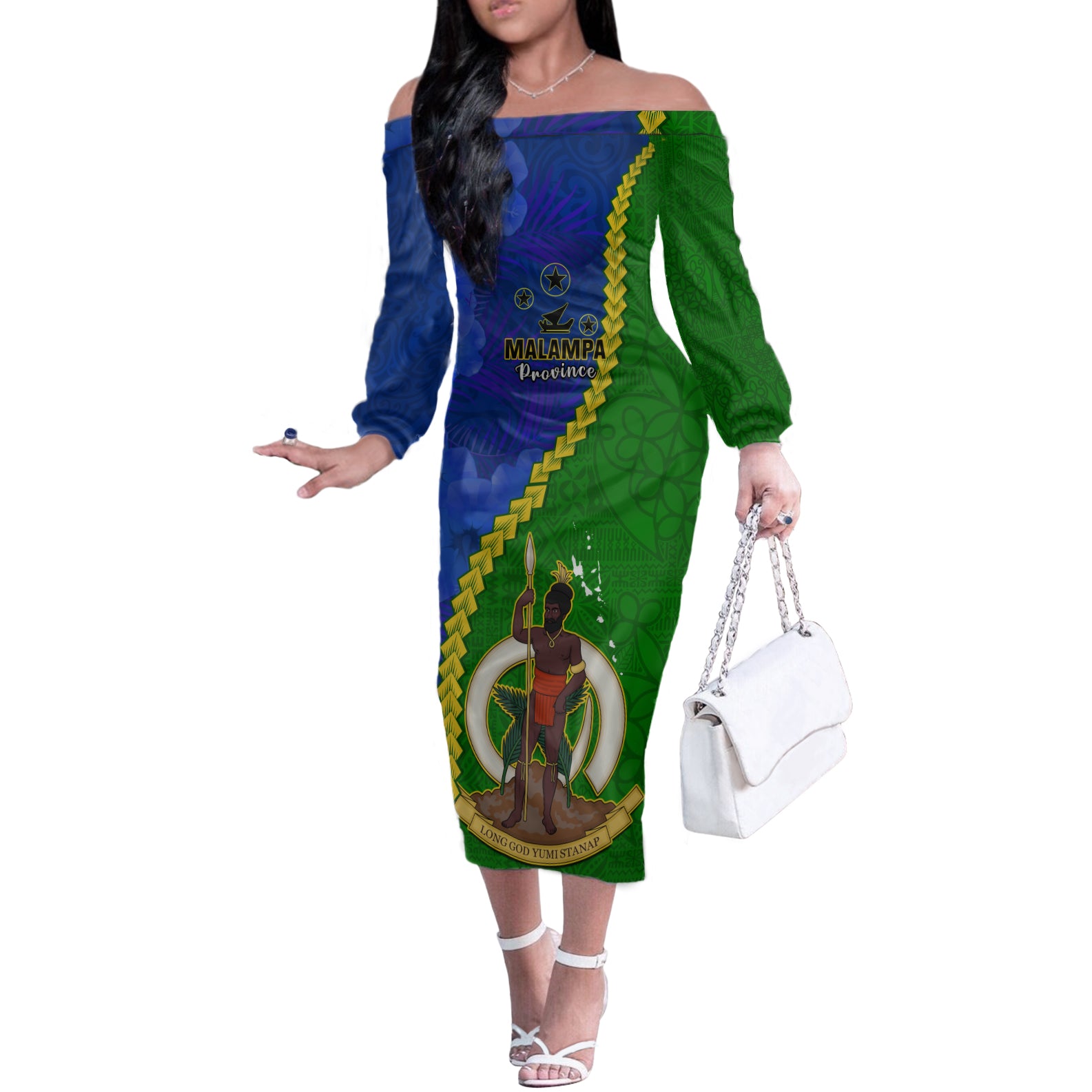 Vanuatu Malampa Province Off Shoulder Long Sleeves Dress Turtle Sand Drawing Unique Tapa LT14 Women Green - Polynesian Pride