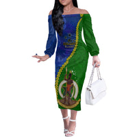 Vanuatu Malampa Province Off Shoulder Long Sleeves Dress Turtle Sand Drawing Unique Tapa LT14 Women Green - Polynesian Pride