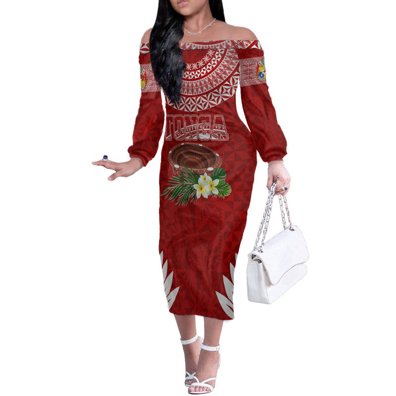 Personalised Tonga Independence Day Off Shoulder Long Sleeves Body Dress Kumete Kava Bowl With Plumeria LT7 Women Red - Polynesian Pride