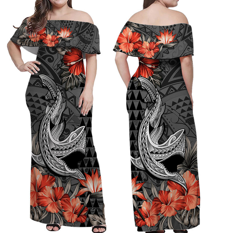 Hawaii Shark Tattoo Off Shoulder Long Dress Polynesian Vintage Vibes LT9 Women Black - Polynesian Pride