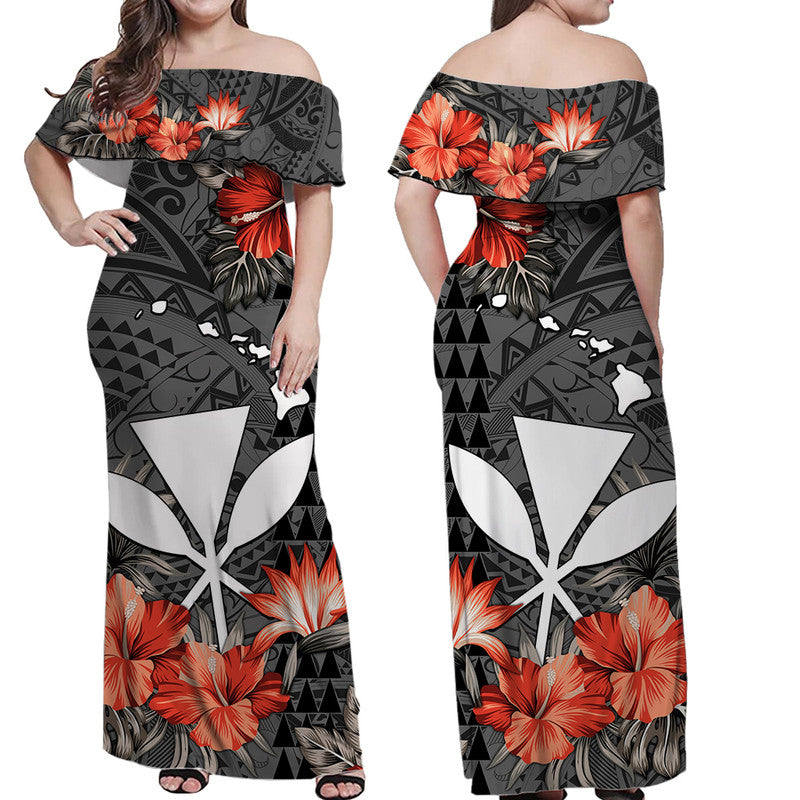 Hawaii Kanaka Maoli Off Shoulder Long Dress Polynesian Vintage Vibes LT9 Women Black - Polynesian Pride