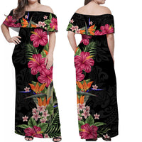 Hawaii Flowers Tribal Pattern Off Shoulder Maxi Dress and Hawaiian Shirt LT9 - Polynesian Pride
