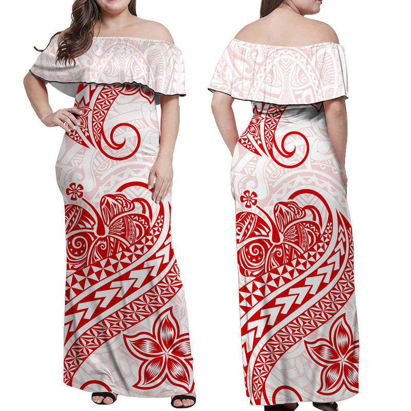 Polynesian Tribal Tattoo Retro Couple Off Long Dress and Hawaiian Shirt Red Screen Color LT9 - Polynesian Pride