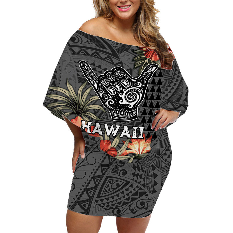 Hawaii Shaka Surf Hand Sign Off Shoulder Short Dress Polynesian Vintage Vibes LT9 - Polynesian Pride
