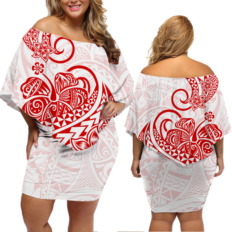 Polynesian Tribal Tattoo Retro Off Shoulder Short Dress Red Screen Color LT9 Women Red - Polynesian Pride