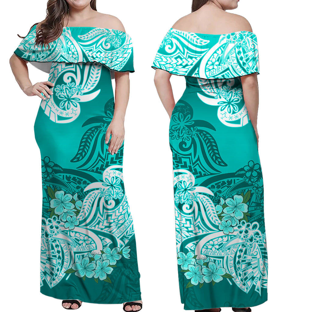 Polynesian Flower Tribal Matching Dress and Hawaiian Shirt Turquoise LT9 - Polynesian Pride