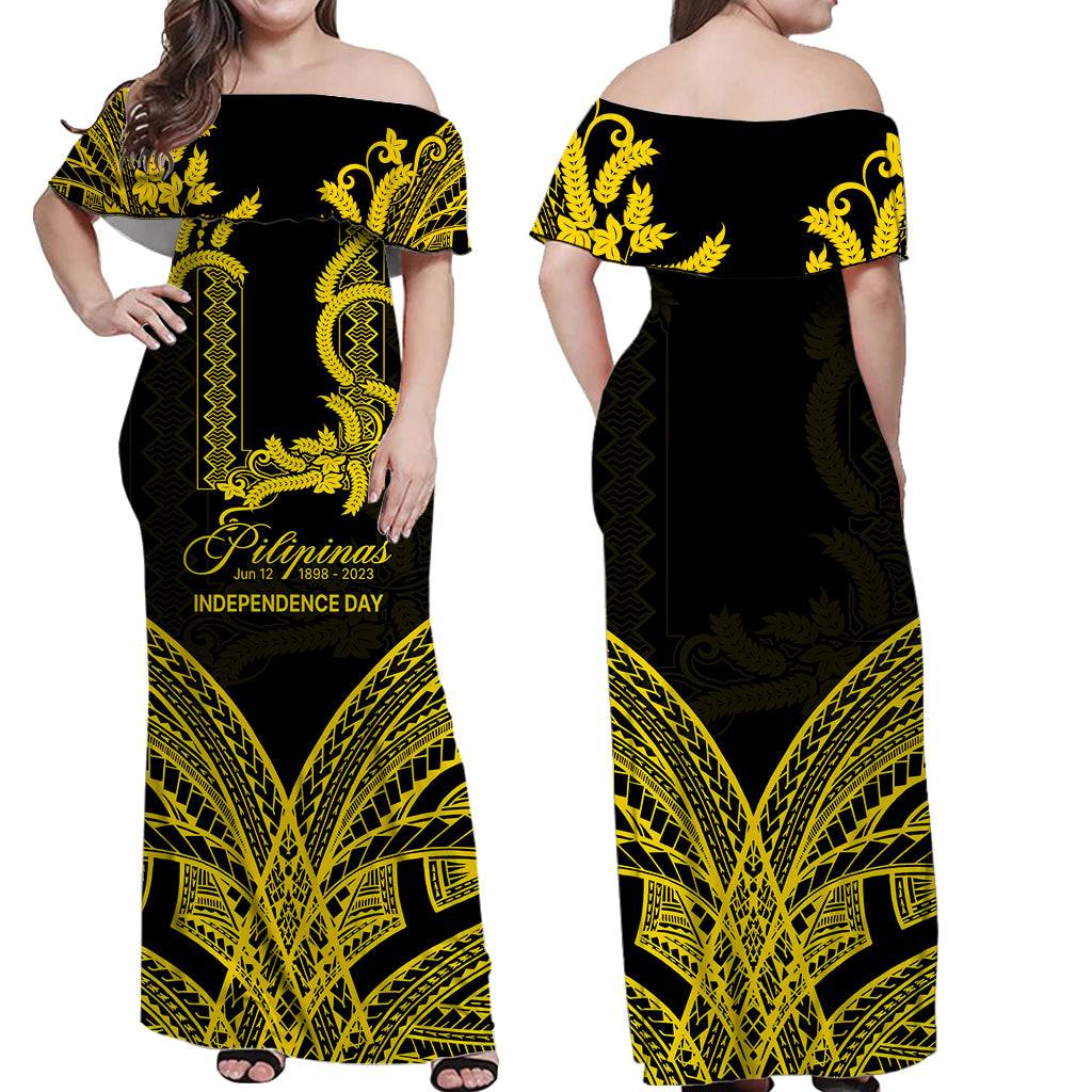 Philippines Independence Day Off Shoulder Long Dress Pechera With Side Barong Patterns LT9 Women Black - Polynesian Pride