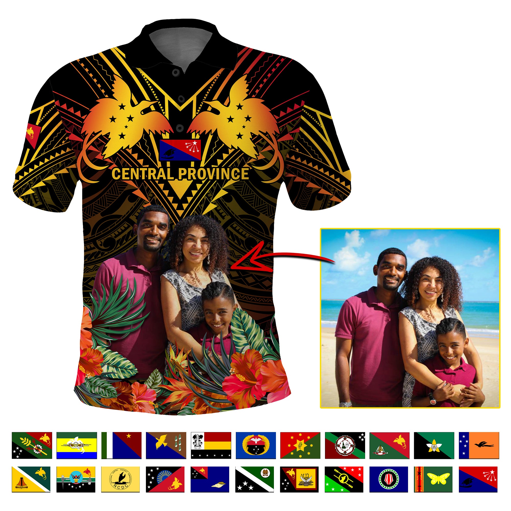 Custom Photo Papua New Guinea Provinces Polo Shirt Flag With Polynesian Tropical Flowers CTM14 - Polynesian Pride