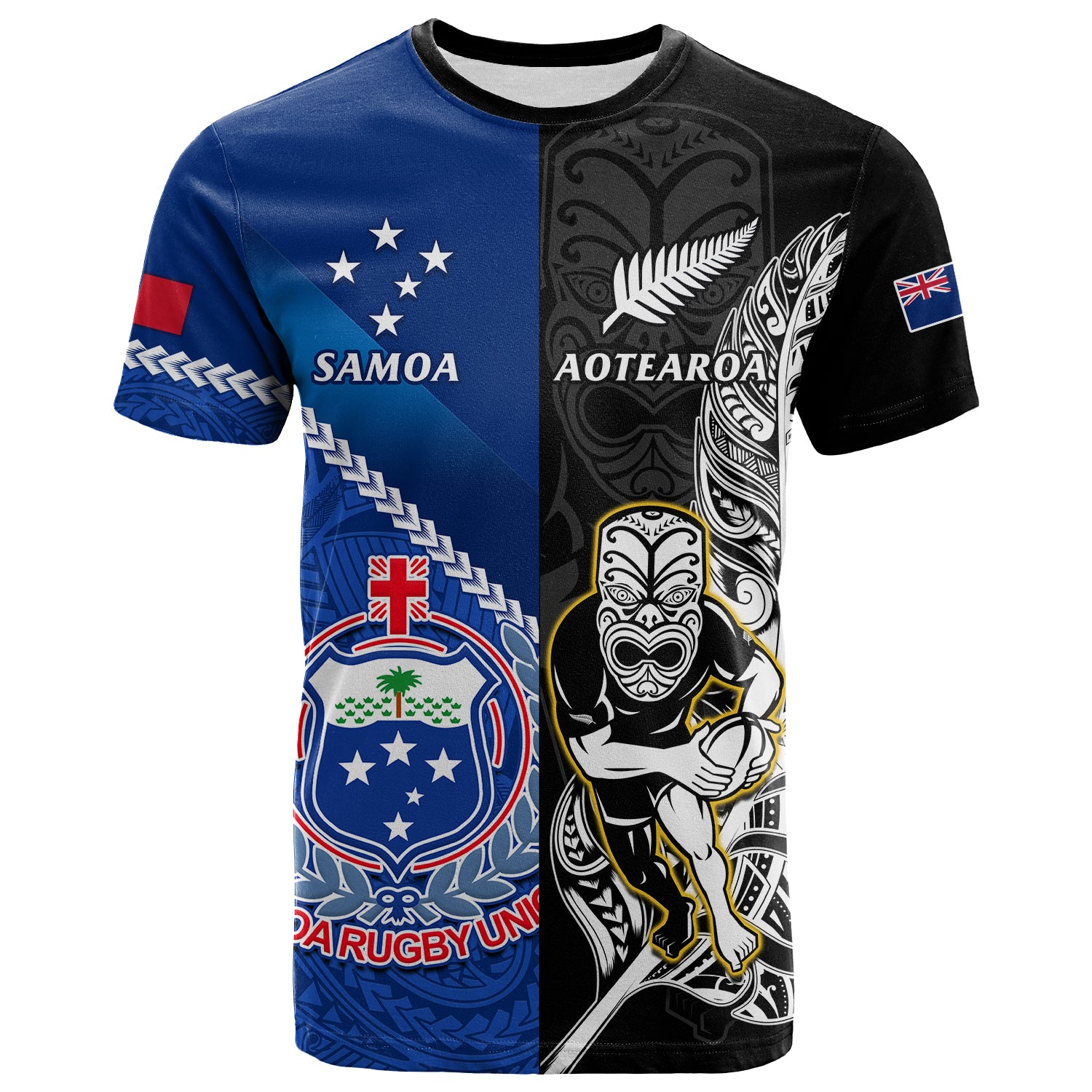 New Zealand And Samoa Rugby T Shirt 2023 World Cup Maori Fern All Black Manu Samoa Together LT14 Black - Polynesian Pride