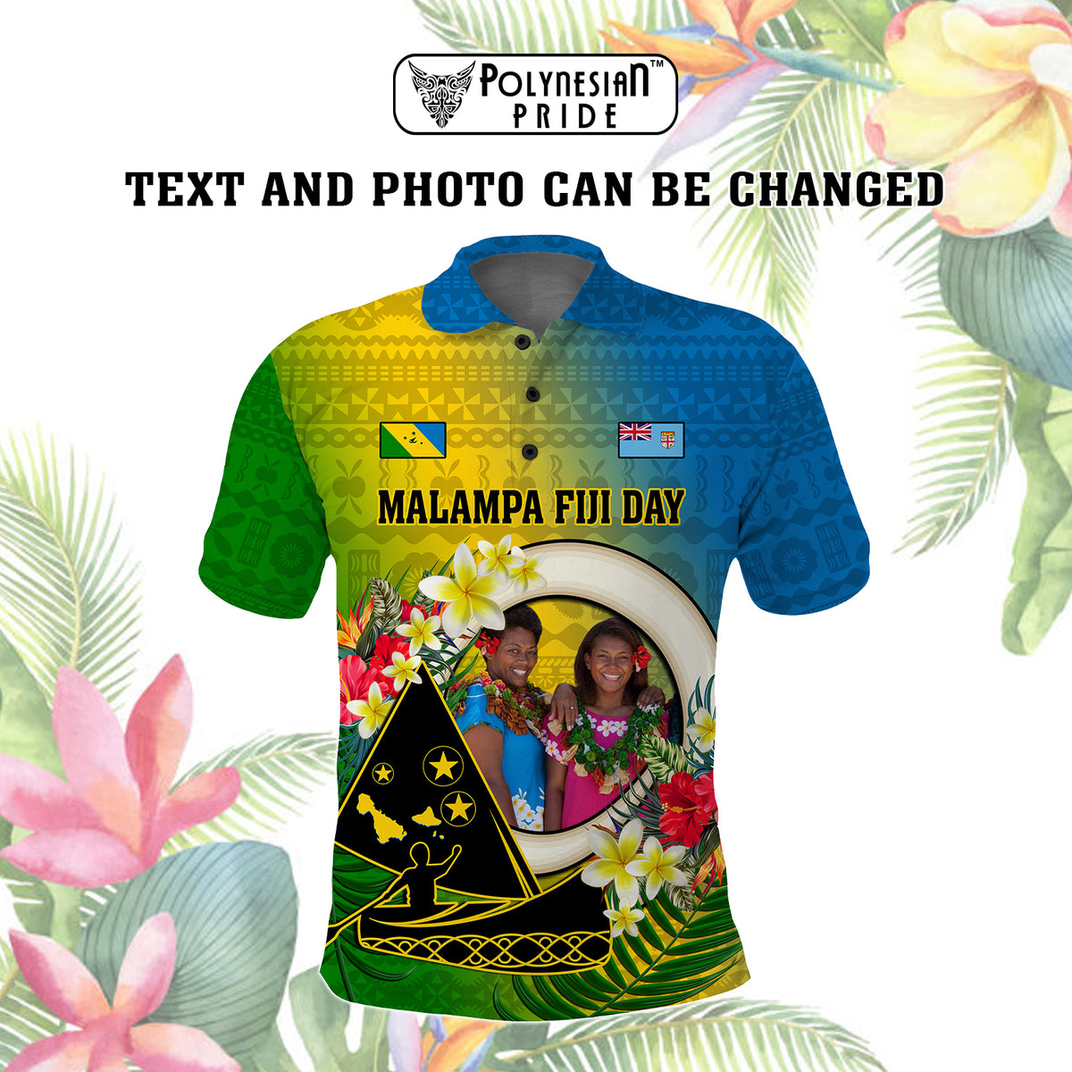 Custom Photo Malampa Fiji Day Polo Shirt Together We Grow Coat Of Arms Tropical Flowers CTM14