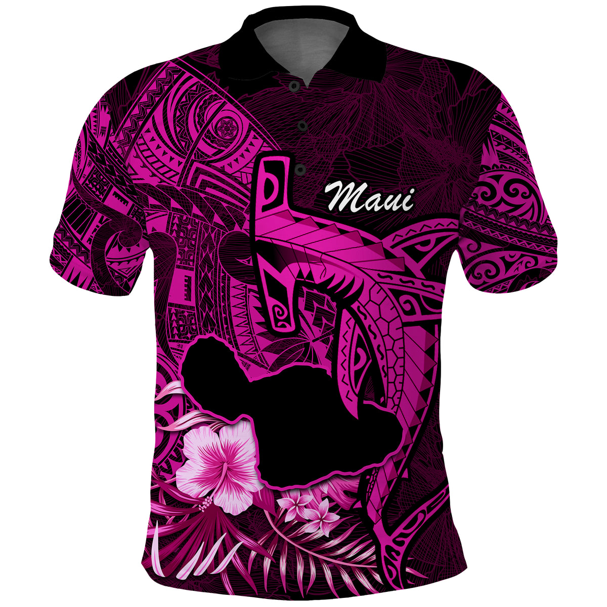 Hawaii Islands Polo Shirt Maui Map Hawaiian Shark With Tropical Flowers LT14 Pink - Polynesian Pride