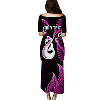 Personalised New Zealand Couples Puletasi Dress and Long Sleeve Button Shirts Aotearoa Silver Fern With Manaia Maori Unique Pink LT14 - Polynesian Pride