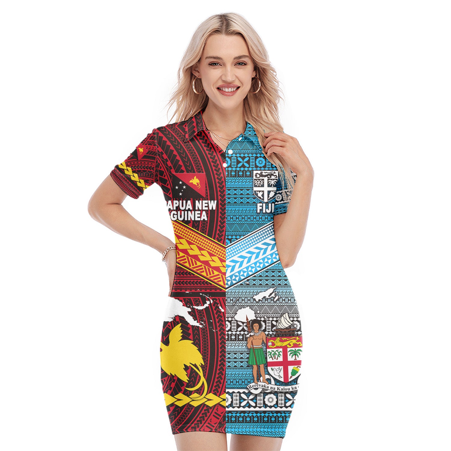 Papua New Guinea Polynesian And Fiji Tapa Together Polo Dress - Bright Color LT8 - Polynesian Pride
