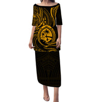 Polynesian Pride Guam With Polynesian Tribal Tattoo and Coat of Arms Puletasi Dress Gold Version LT9 - Polynesian Pride