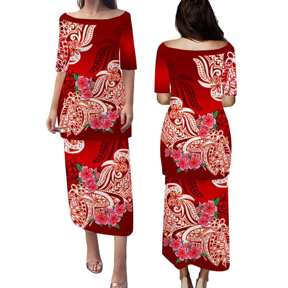 Polynesian Matching Couple Outfit Floral Tribal Puletasi Dress and Hawaiian Shirt Red LT9 - Polynesian Pride