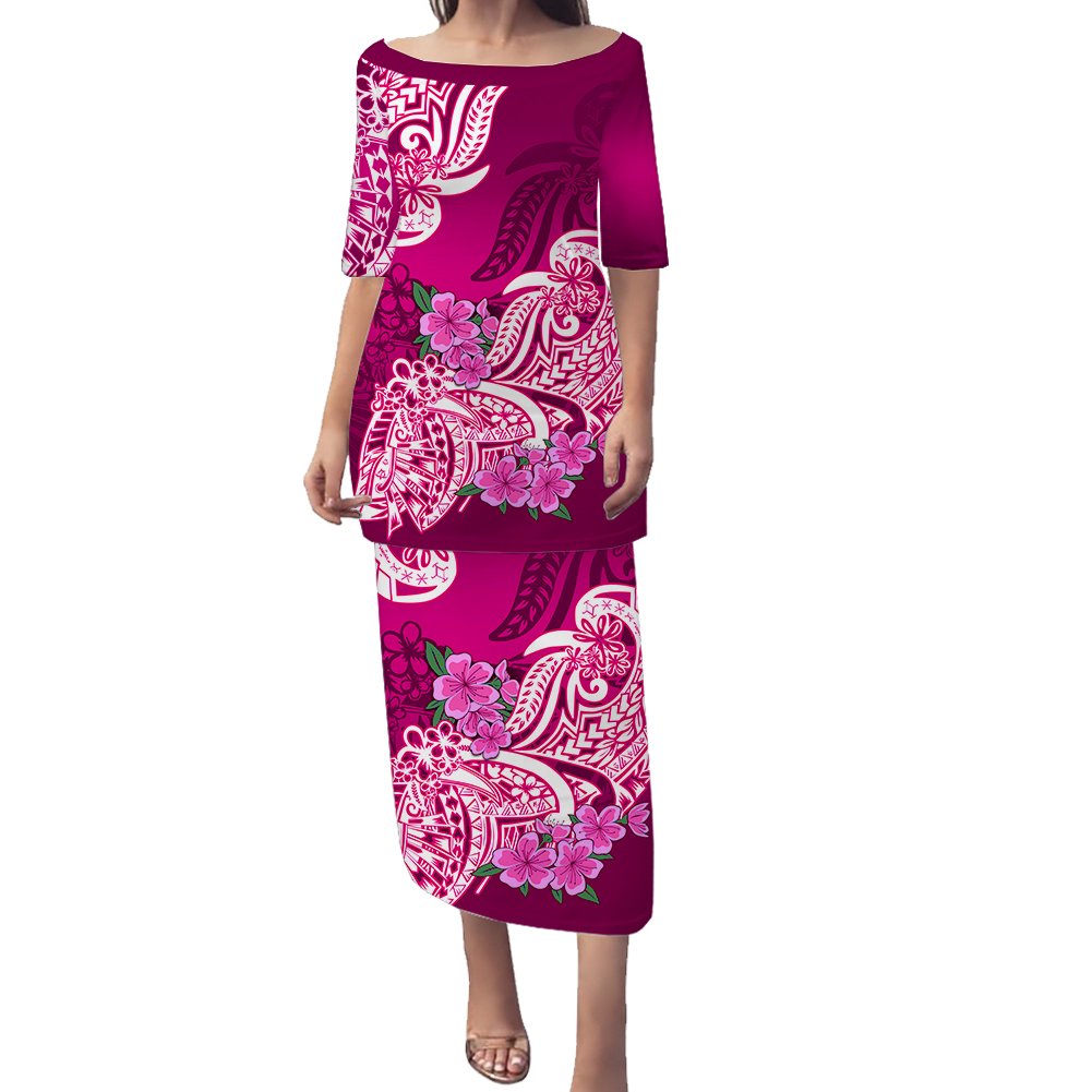 Polynesian Matching Couple Outfit Floral Tribal Puletasi Dress and Hawaiian Shirt Pink LT9 - Polynesian Pride