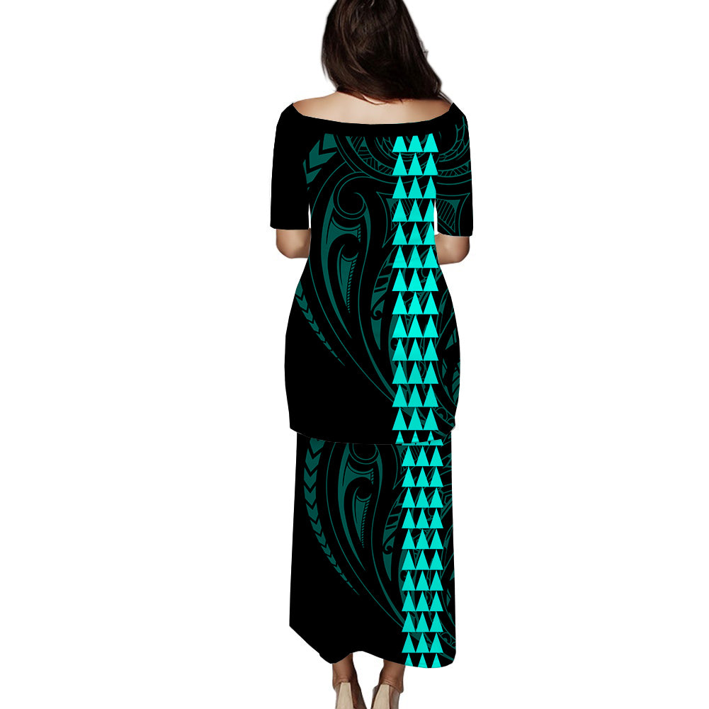 Polynesian Puletasi Dress Hawaiian Warrior and Aloha Girl With Hammerhead Shark Tattoos Turquoise LT6 - Polynesian Pride