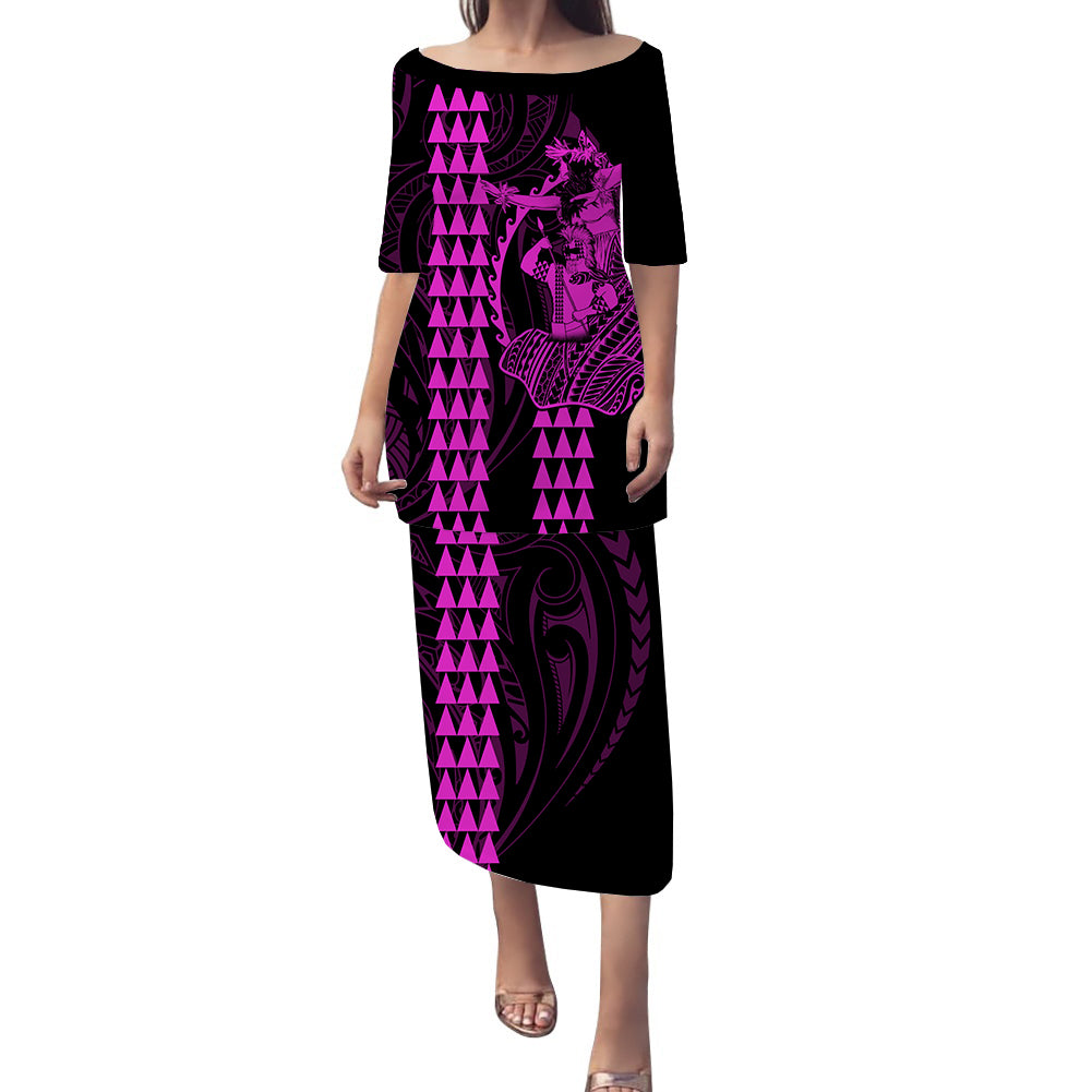 Polynesian Puletasi Dress Hawaiian Warrior and Aloha Girl With Hammerhead Shark Tattoos Purple LT6 Long Dress Purple - Polynesian Pride