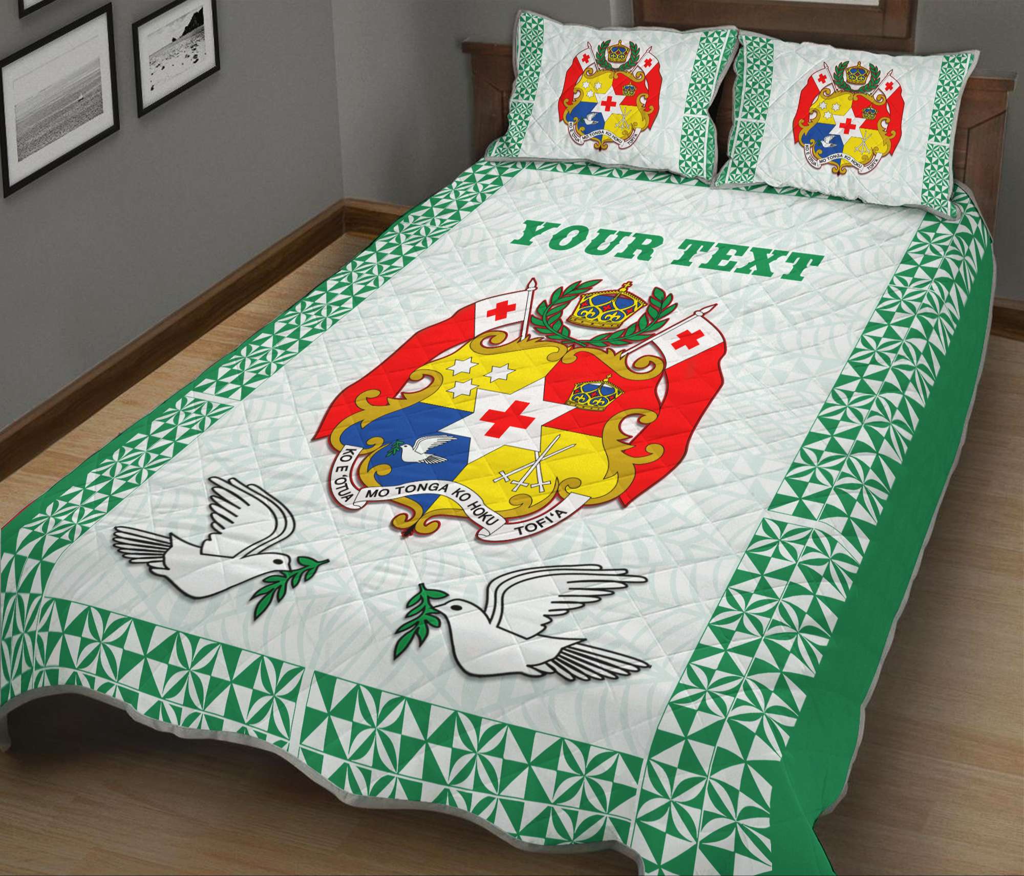 Personalised Tonga Quilt Bed with Coat of Arm Green Style LT9 Style 1 - Polynesian Pride