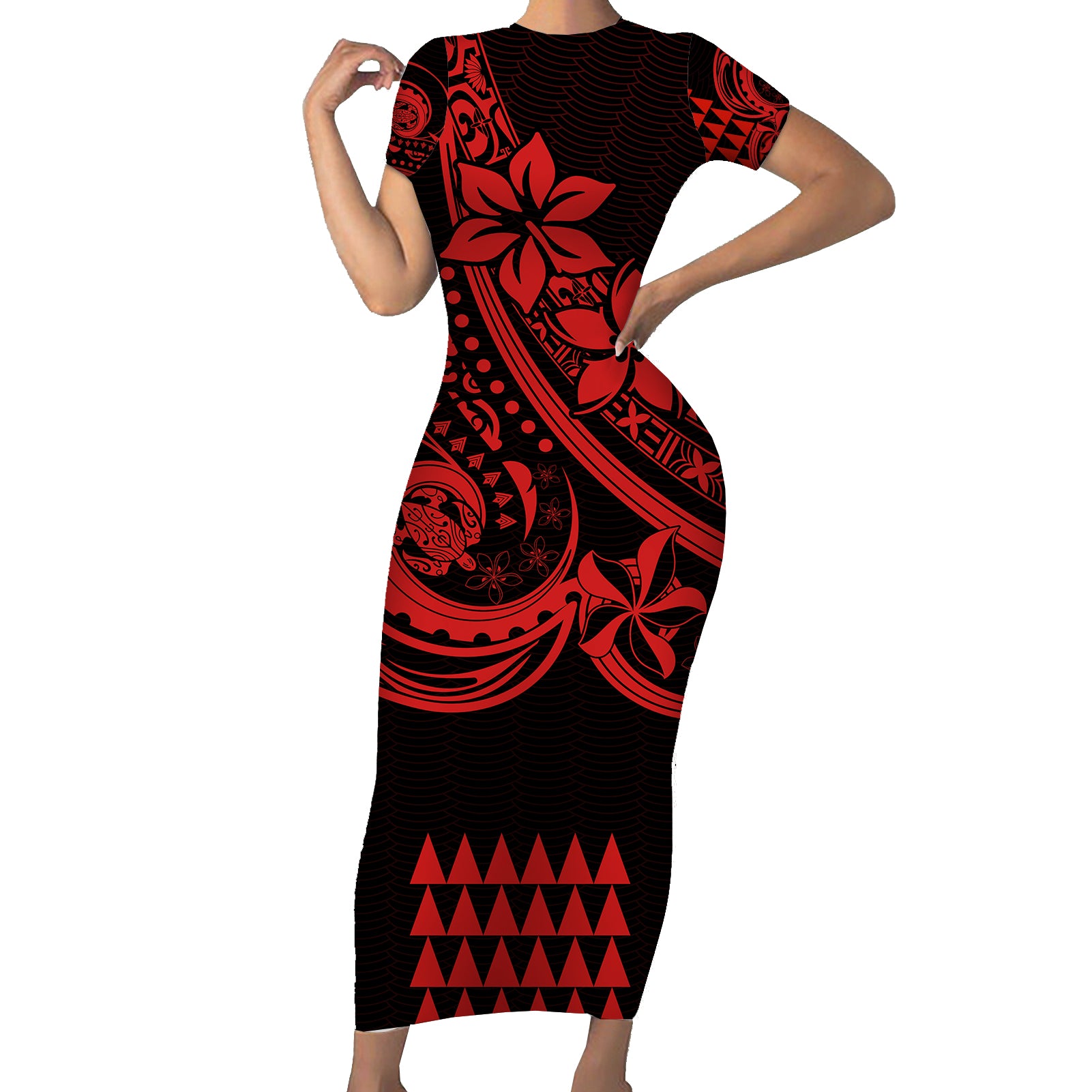 Kakau Hawaiian Polynesian Short Sleeve Body Long Dress Red LT6 Long Dress Red - Polynesian Pride