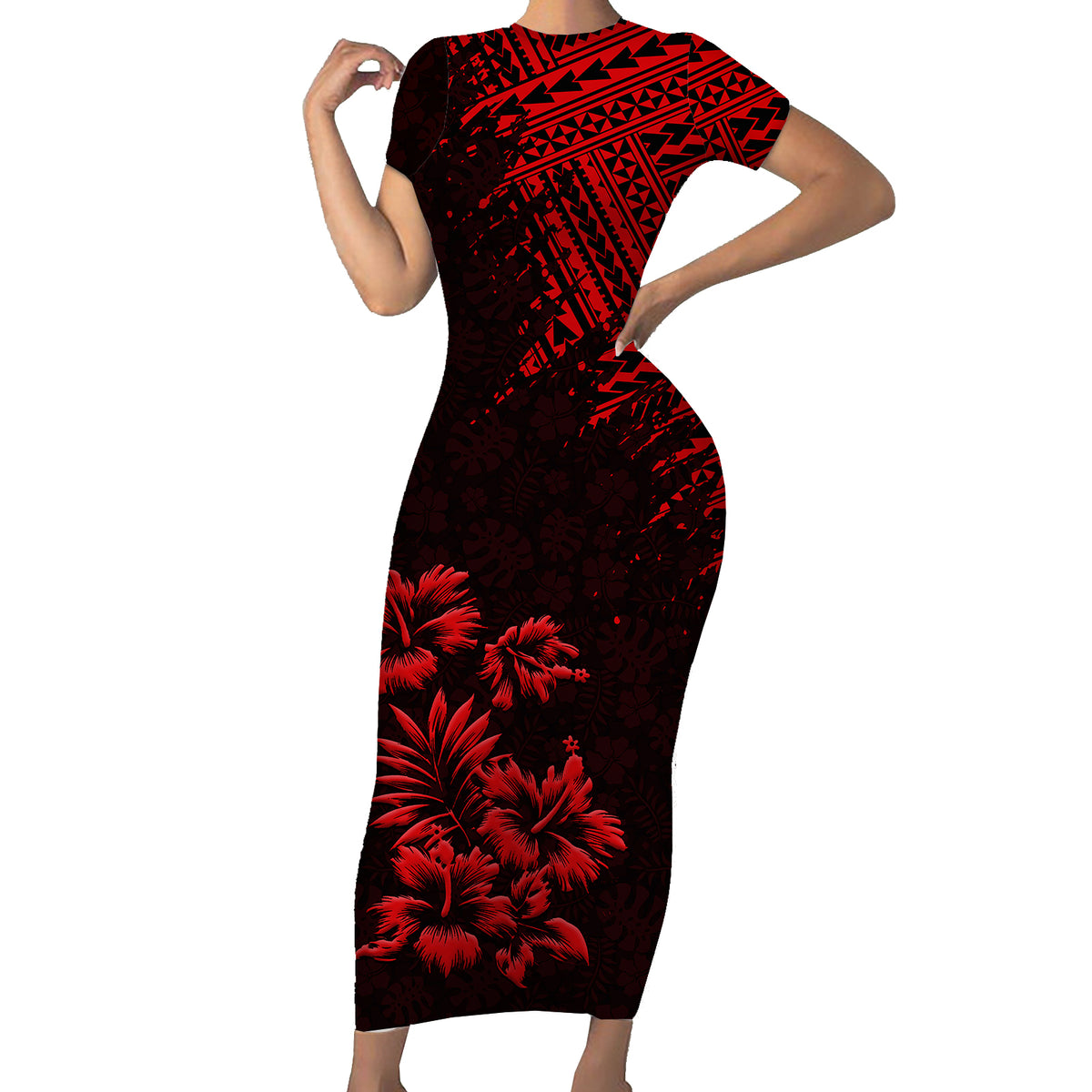 Hawaii Summer Couples Matching Outfits Combo Bodycon Dress And Hawaii Shirt Mix Polynesian Black-Red LT6 No Shirt - Polynesian Pride