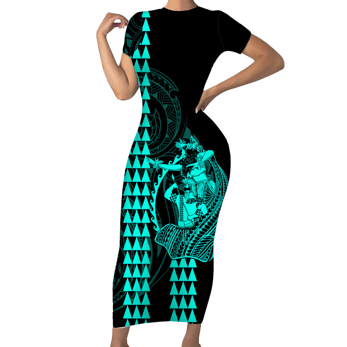 Polynesian Couples Matching Outfits Combo Bodycon Dress And Hawaii Shirt Hawaiian Warrior and Aloha Girl With Hammerhead Shark Tattoos Turquoise LT6 No Shirt - Polynesian Pride