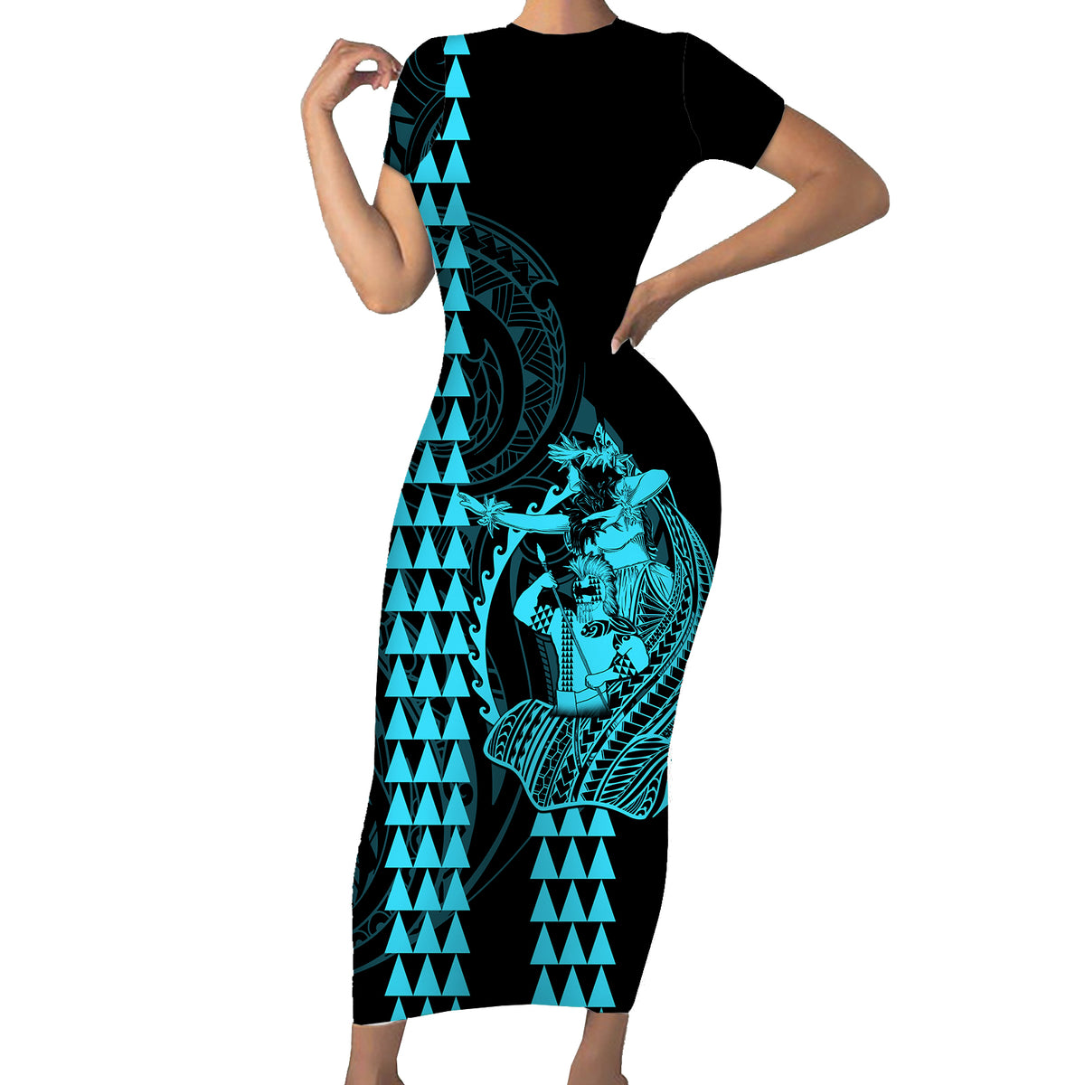 Polynesian Couples Matching Outfits Combo Bodycon Dress And Hawaii Shirt Hawaiian Warrior and Aloha Girl With Hammerhead Shark Tattoos Light Blue LT6 No Shirt - Polynesian Pride
