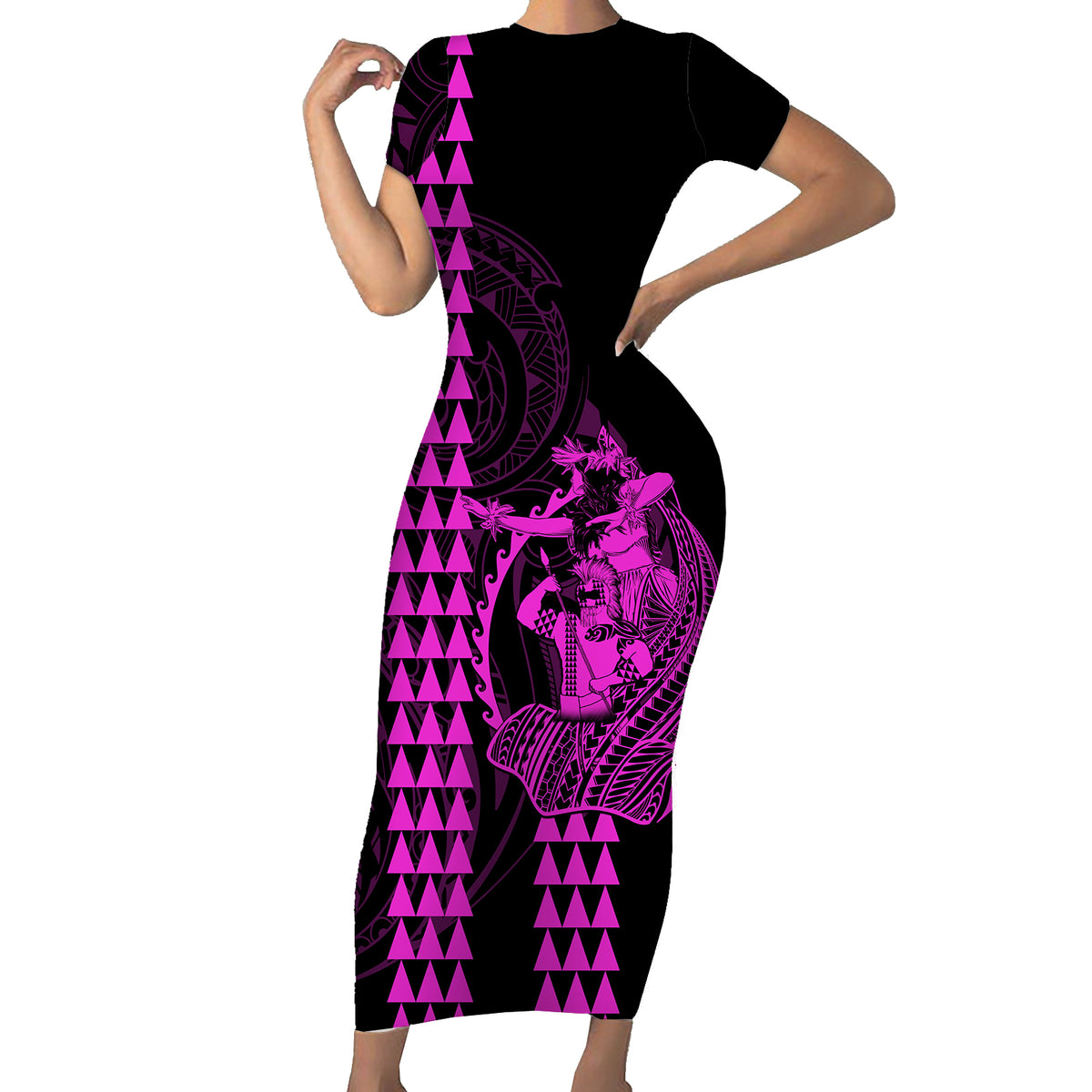 Polynesian Couples Matching Outfits Combo Bodycon Dress And Hawaii Shirt Hawaiian Warrior and Aloha Girl With Hammerhead Shark Tattoos Purple LT6 No Shirt - Polynesian Pride