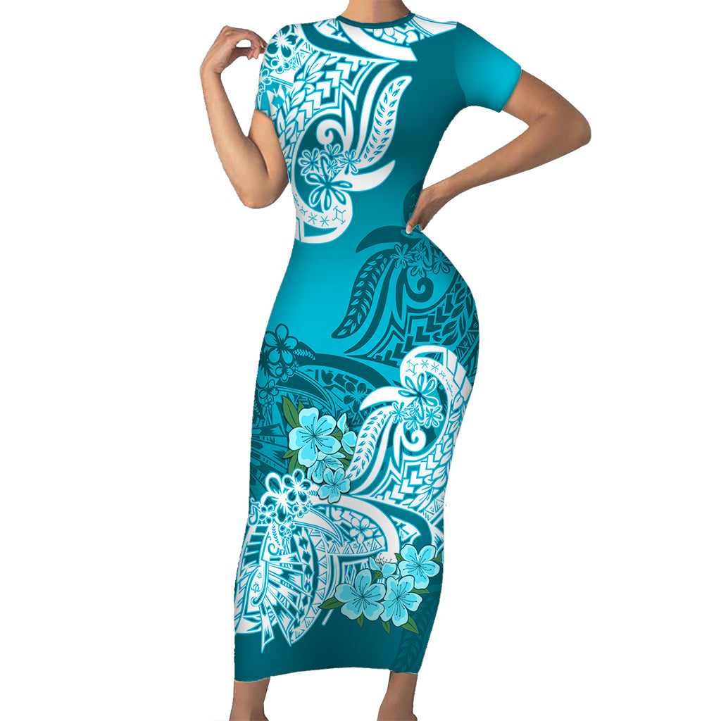 Polynesian Couple Matching Outfit Floral Tribal Combo Short Sleeve Bodycon Long Dress and Hawaiian Shirt Teal LT9 - Polynesian Pride