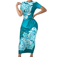 Polynesian Couple Matching Outfit Floral Tribal Combo Short Sleeve Bodycon Long Dress and Hawaiian Shirt Teal LT9 - Polynesian Pride