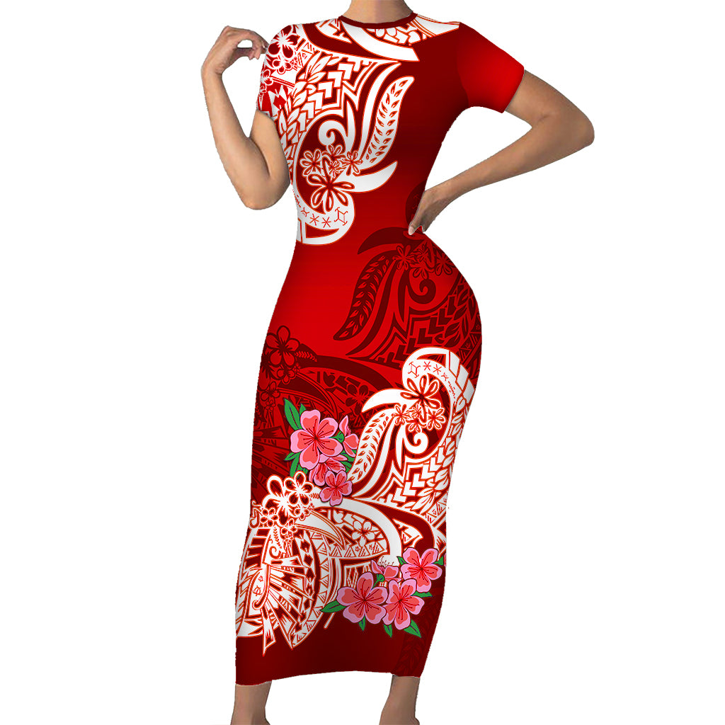 Polynesian Floral Tribal Short Sleeve Body Long Dress Red LT9 - Polynesian Pride