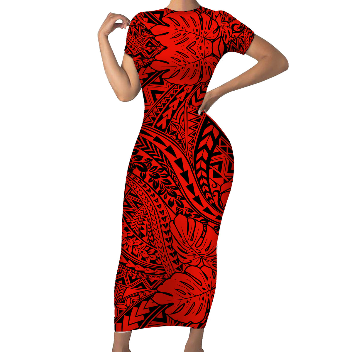 Hawaii Couples Matching Short Sleeve Bodycon Dress and Hawaiian Shirt Red Polynesian Tribal Art LT14 - Polynesian Pride