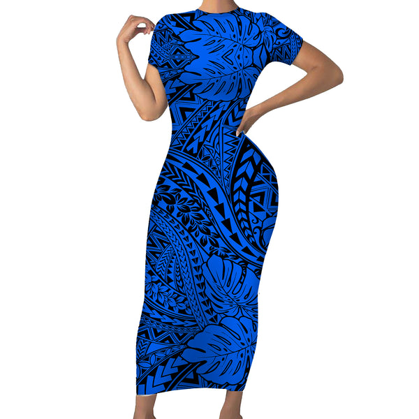 Personalized Hawaii Maui Short Sleeve Bodycon Dress Polynesian Fish Hook Hibiscus Gold Version LT05